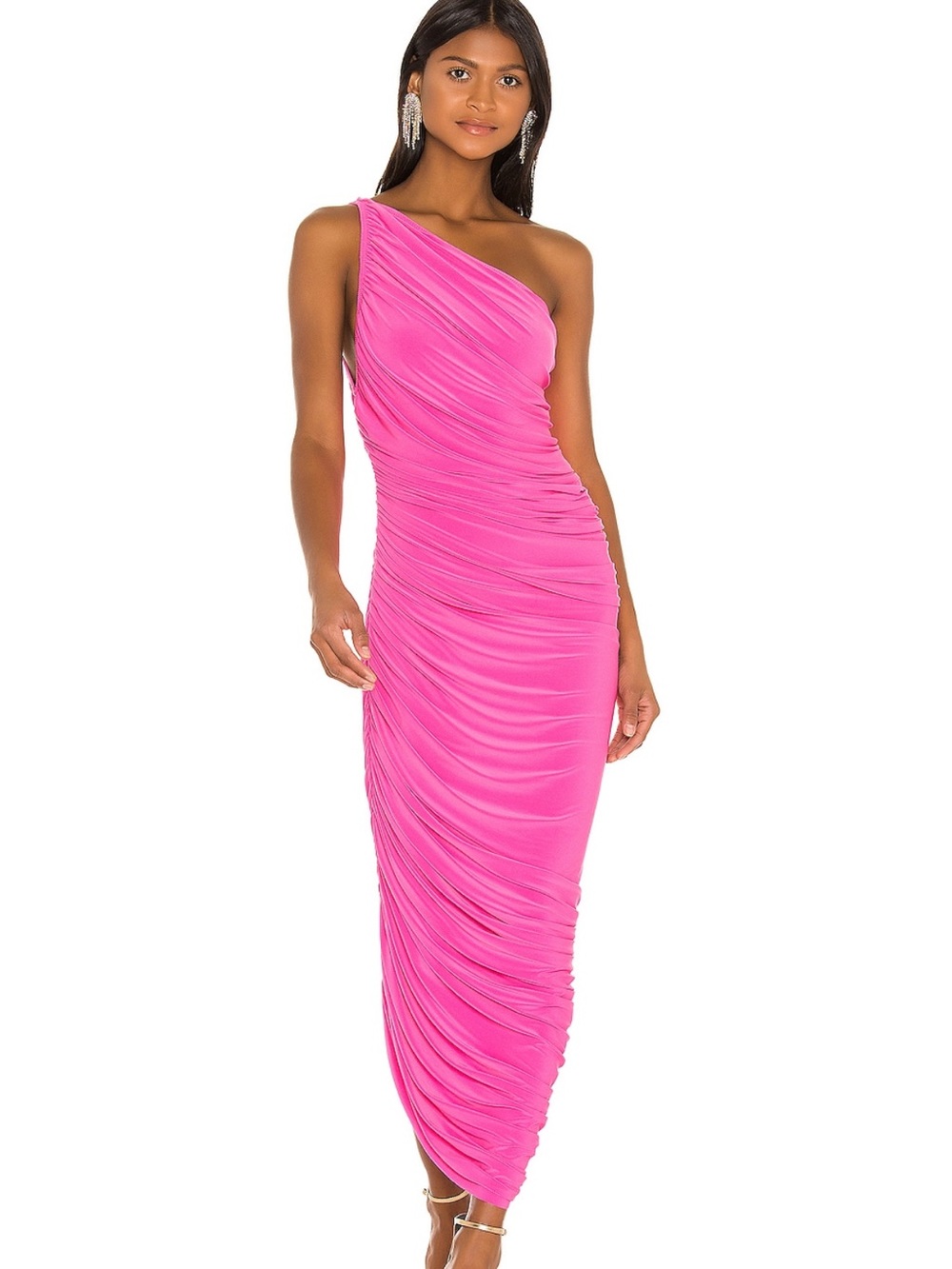Norma Kamali One-Shoulder Hot Pink Ruched Maxi Dress